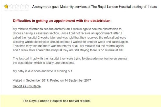 17-Sep-14 Review of Royal Hospital under Barts Trust - maternal request refused and delayed